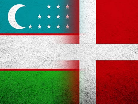 the Kingdom of Denmark National flag with The Republic of Uzbekistan National flag. Grunge Background