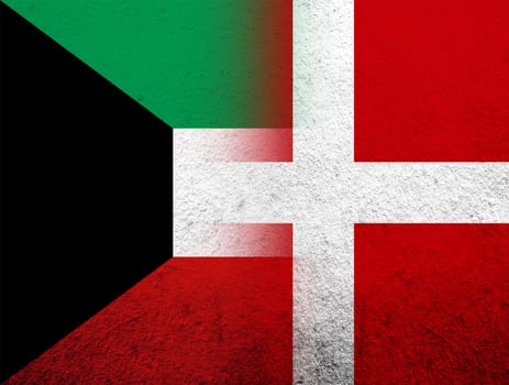the Kingdom of Denmark National flag with The State of Kuwait National flag. Grunge Background