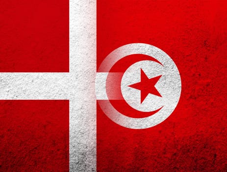 the Kingdom of Denmark National flag with The Republic of Tunisia National flag. Grunge Background
