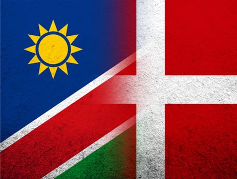 the Kingdom of Denmark National flag with The Republic of Namibia National flag. Grunge Background