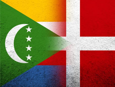 the Kingdom of Denmark National flag with The Union of the Comoros National flag. Grunge Background
