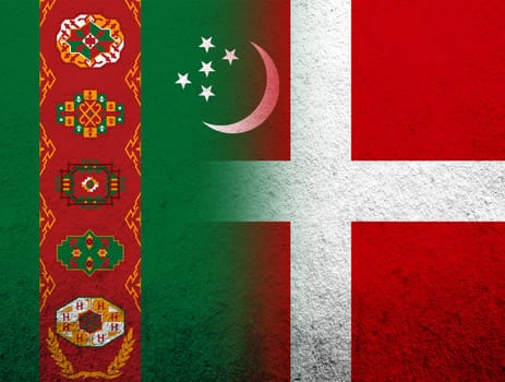the Kingdom of Denmark National flag with The Republic of Turkmenistan National flag. Grunge Background