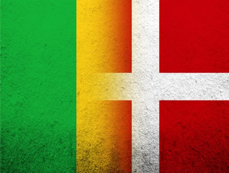 the Kingdom of Denmark National flag with the Republic of Mali National flag. Grunge Background