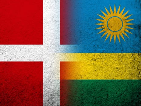 the Kingdom of Denmark National flag with the Republic of Rwanda National flag. Grunge Background