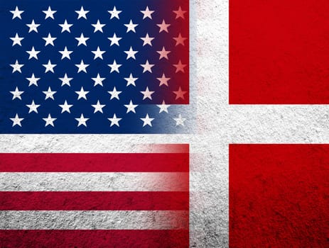the Kingdom of Denmark National flag with United States of America USA national flag. Grunge Background