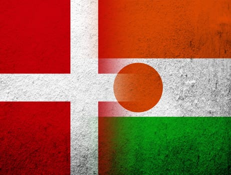 the Kingdom of Denmark National flag with The Republic of the Niger National flag. Grunge Background