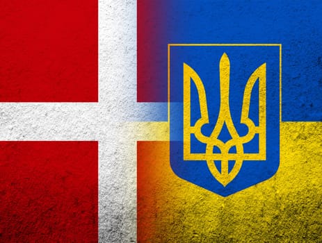 the Kingdom of Denmark National flag with Ukrainian national flag with Coat of arms of Ukraine tryzub. Grunge Background