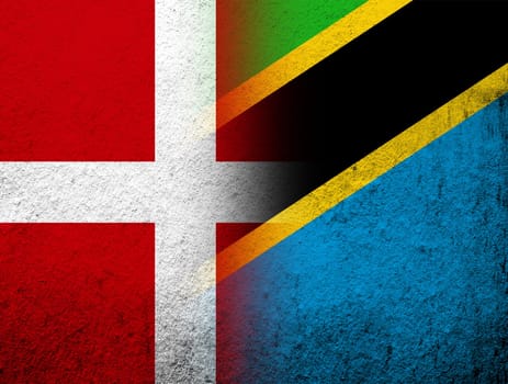 the Kingdom of Denmark National flag with The United Republic of Tanzania National flag. Grunge Background