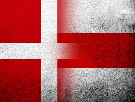 the Kingdom of Denmark National flag with White-red-white flag of Belarusian Democratic Republic, Belarus and Belarusian democracy movement. Grunge Background