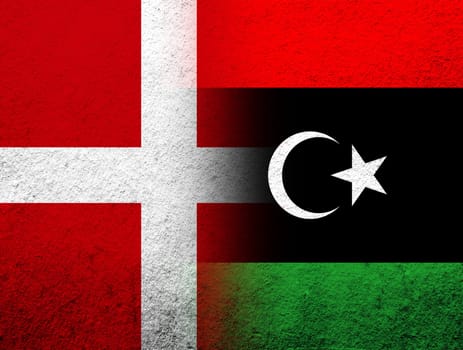 the Kingdom of Denmark National flag with The State of Libya National flag. Grunge Background