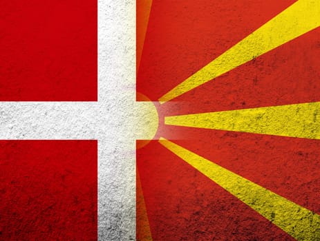 the Kingdom of Denmark National flag with The Republic of Macedonia National flag. Grunge Background