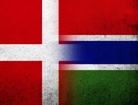 the Kingdom of Denmark National flag with The Republic of The Gambia National flag. Grunge Background