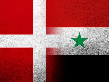 the Kingdom of Denmark National flag with The Syrian Arab Republic National flag. Grunge Background