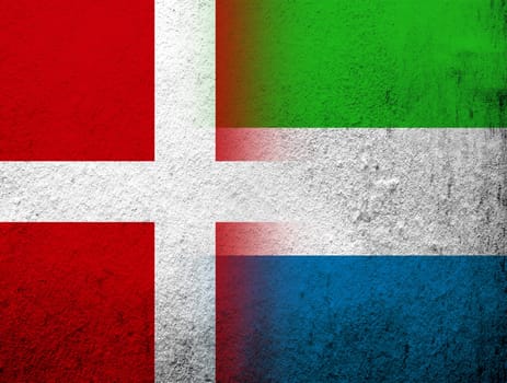 the Kingdom of Denmark National flag with the Republic of Sierra Leone Salone National flag. Grunge Background