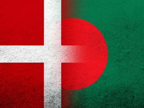 the Kingdom of Denmark National flag. Grunge Background with Peoples Republic of Bangladesh National flag