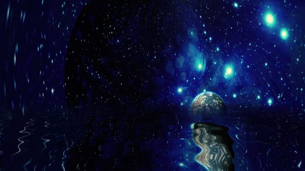 Planet earth and stars reflecting in water