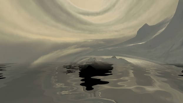 Surreal alien landscape reflecting in water
