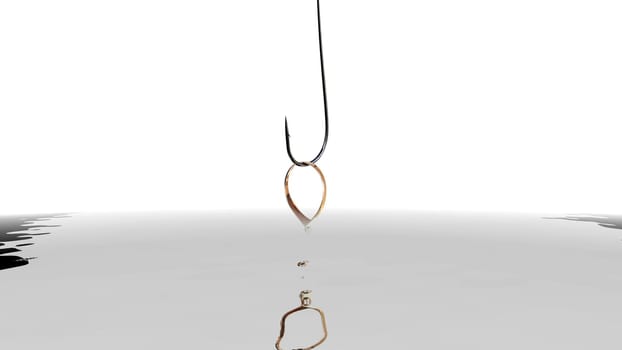 Wedding ring on fishing hook reflecting in water