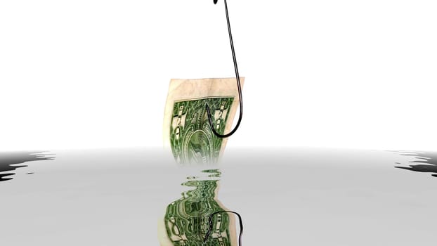 Dollar on fish hook  reflecting in water