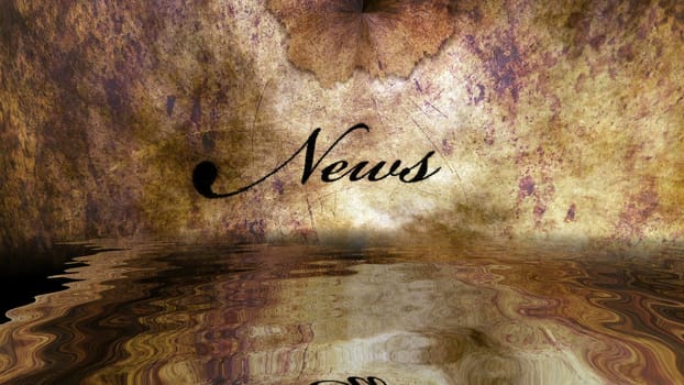 Grunge news text reflecting in water