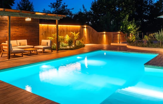 Illuminated swimming pool with cozy lounge and wooden deck