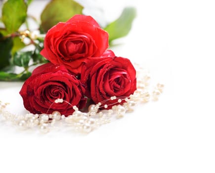 Red roses and pearls on white background
