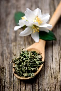 Jasmine and green tea in wooden spoon