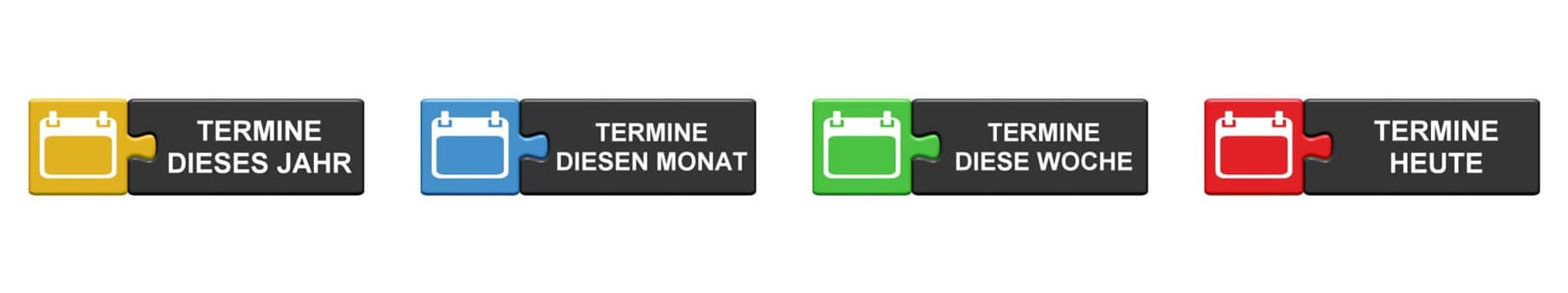 Banner with 4 Puzzle Buttons: Appointments this year, this month, this week and today in german language 3D illustration