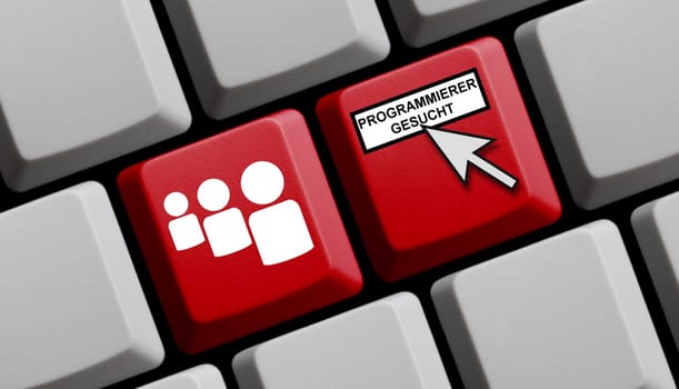 Red computer keyboard: Programmer wanted in german language 3D illustration
