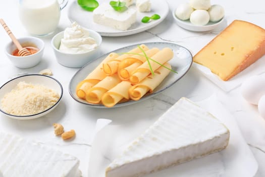 Fresh dairy products, milk, cottage cheese, eggs, yogurt, sour cream, mozzarella, feta, parmesan