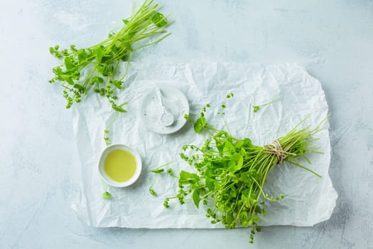 Winter purslane, Indian lettuce, healthy green vegetables for raw salads and cooking with olive oil and salt. Claytonia perfoliata