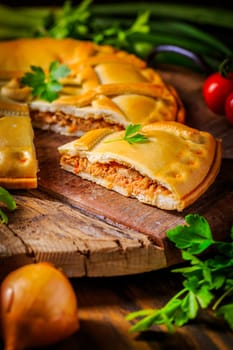 Empanada Gallega - traditional pie stuffed with tuna, Galician and Spanish cuisine. Tart with tuna and vegetables.