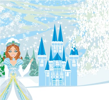 Winter landscape with castle and beauty queen
