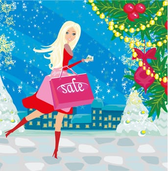 beautiful woman doing the shopping in winter