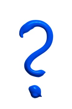 Close-up of a blue question mark made from green pasty acrylic paint on a white background.