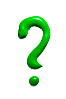 Close-up of a green question mark made of green pasty acrylic paint on a white background.