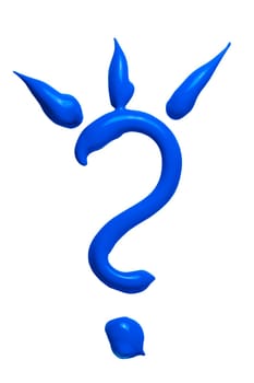 Close-up of a blue question mark with three rays made of green paste acrylic paint on a white background.