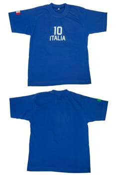 Blue t-shirt for kids. Soccer or polo shirt with the inscription italia and the number ten. Isolated on white background. Summer fashion kids. Front and Back view.