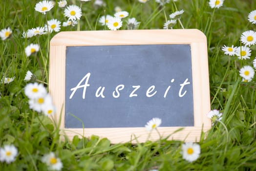 Chalkboard with the word time out, german language stands in the meadow with daisy flowers, taking a vacation, spring and summer season