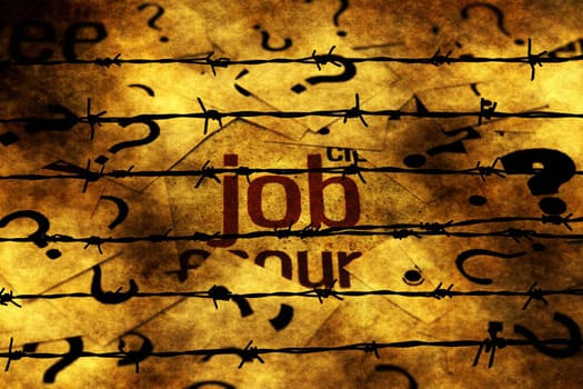 Job and question marks against barbwire