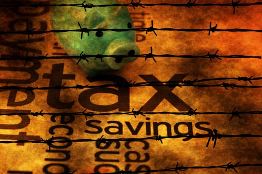 Piggy bank and tax concept against barbwire