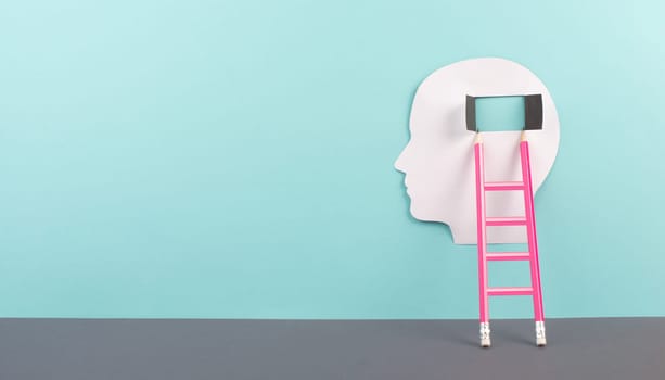 Silhouette of a man, window to the brain, ladder of success, open minded, brainstorming for ideas, disorder and psychology concept