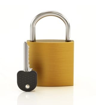Padlock and key isolated on white background. 3D illustration.