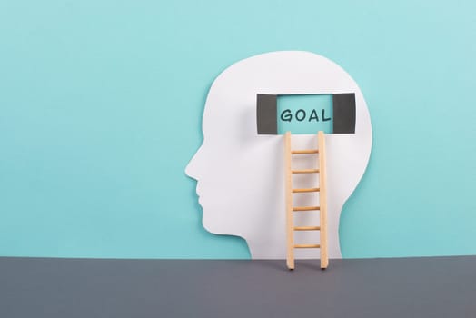 Silhouette of a man, window to the brain with the word goal, ladder of success, open minded, brainstorming for business ideas