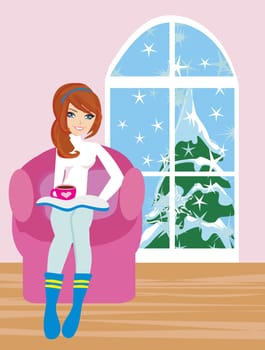 Illustration of a Girl Reading a book and drinking coffe