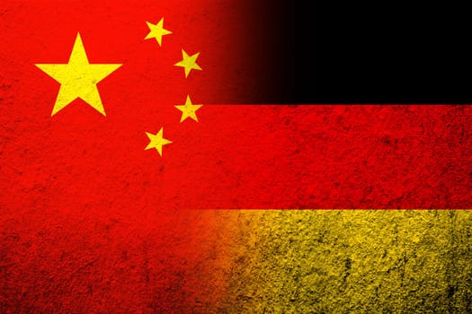The national flag of Germany with China National flag. Grunge background