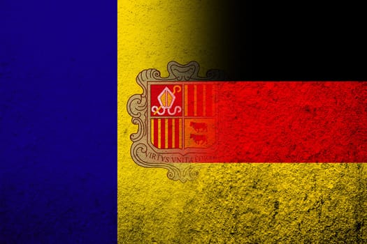 The national flag of Germany with Andorra national flag. Grunge background