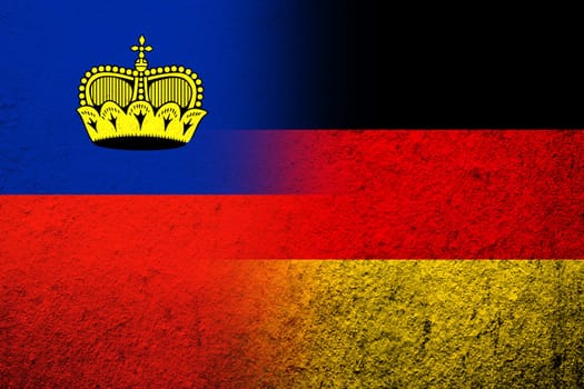 The national flag of Germany with The Principality of Liechtenstein National flag. Grunge background