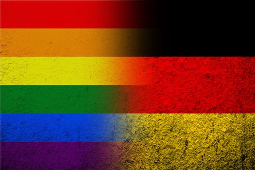 The national flag of Germany with Rainbow LGBT pride flag. Grunge background