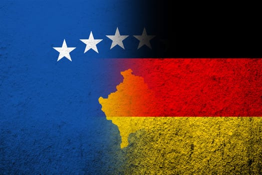 The national flag of Germany with The Republic of Kosovo National flag. Grunge background